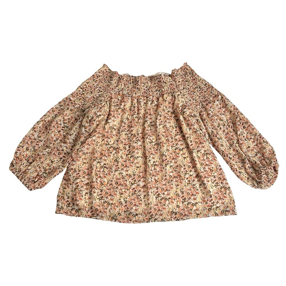 CeCe Top Womens M Floral Smocked Neckline 3/4 Sleeve Peasant Boho Cottagecore